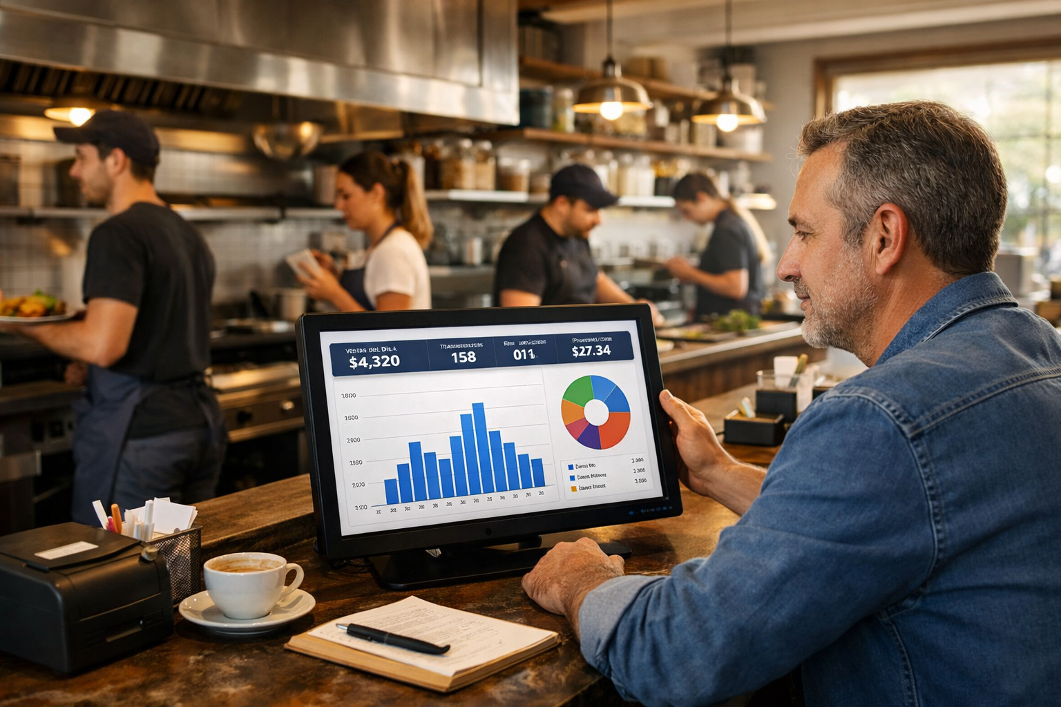 Dueño de restaurante revisando ventas en tiempo real en pantalla mientras el personal trabaja de forma ordenada.