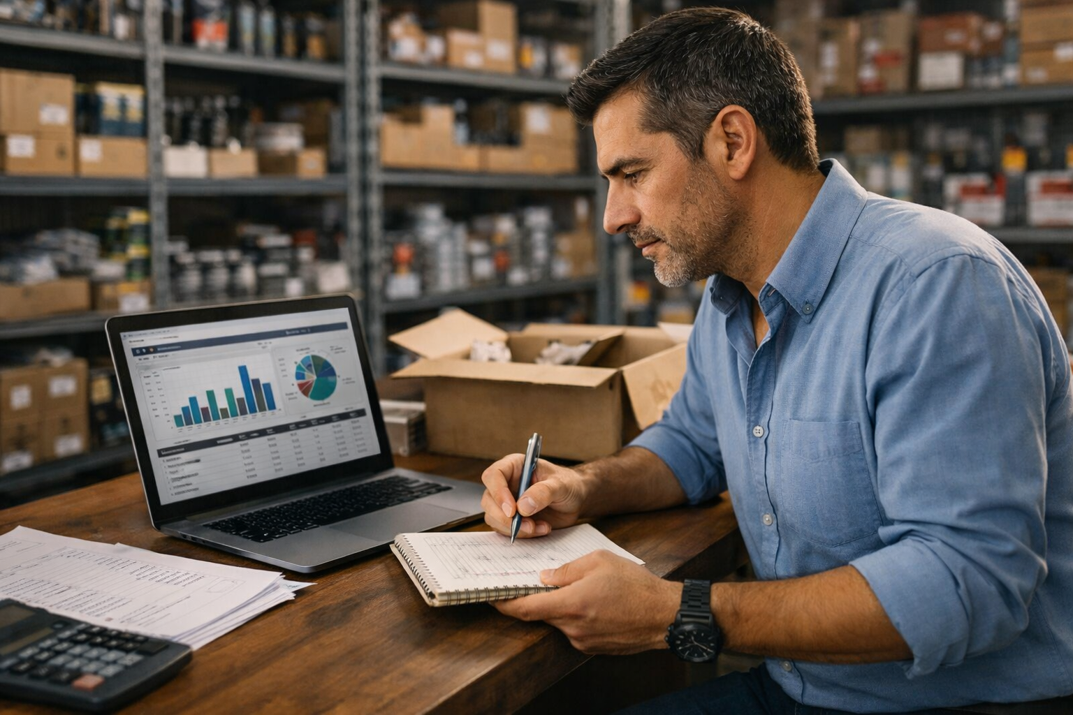 Administrador revisando reportes digitales del control de inventario para ferreterías, analizando ventas y rotación de productos en su negocio.