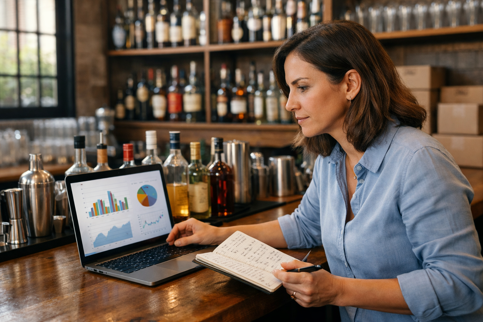 Administradora de bar revisando reportes en laptop para control de inventario en bares y análisis de consumos antes de abrir al público.