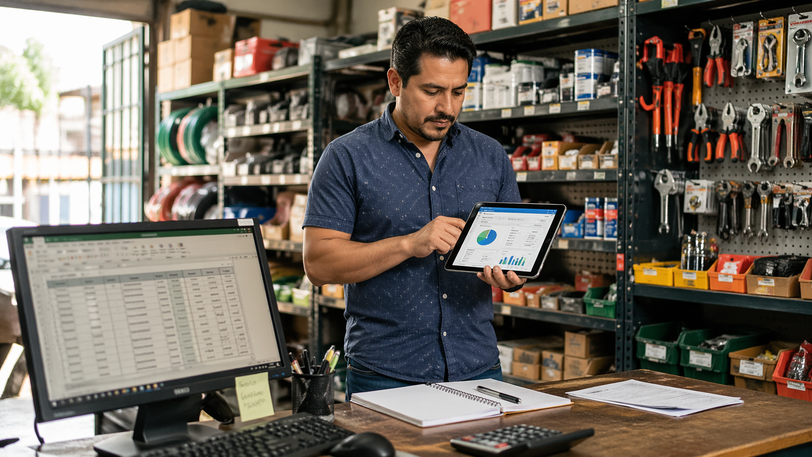 Empresario revisando contabilidad en la nube vs sistemas locales desde una tablet en ferretería en crecimiento
