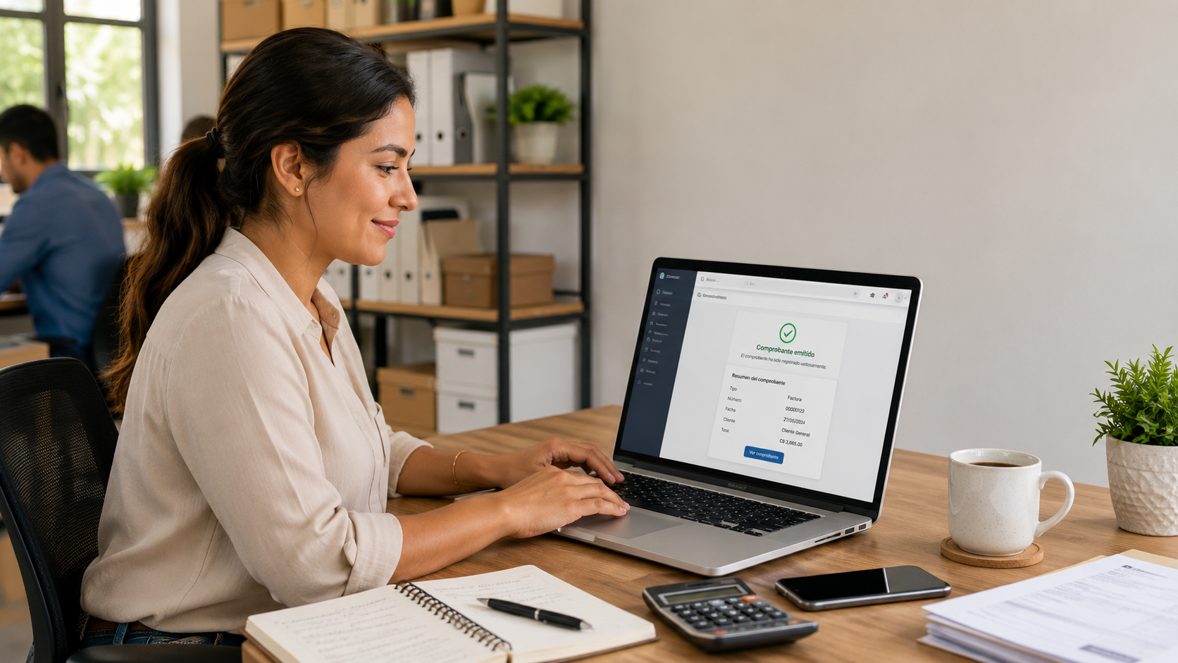 Empresaria utilizando un sistema contable listo para usar para emitir su primer comprobante desde una computadora portátil.