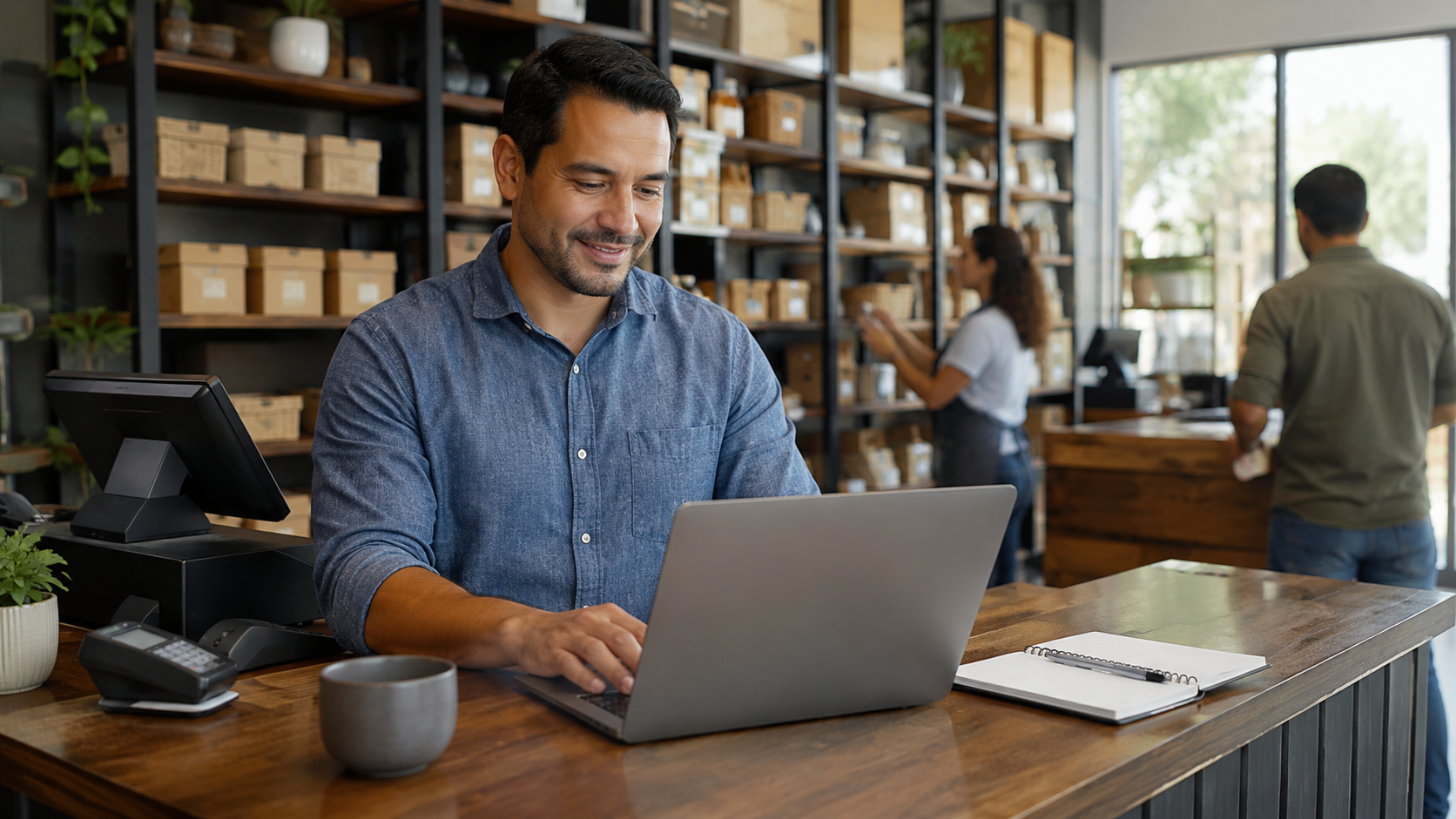 Emprendedor configura un POS listo para usar en una tienda para comenzar a emitir facturas el mismo día desde una plataforma en la nube.
