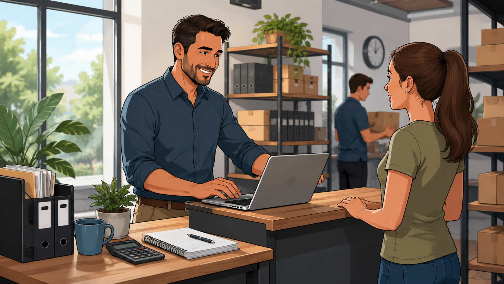 Sistema facturación fácil de implementar para PYMES: emprendedor atiende a un cliente mientras gestiona ventas de forma eficiente en un negocio organizado con apoyo de tecnología moderna.