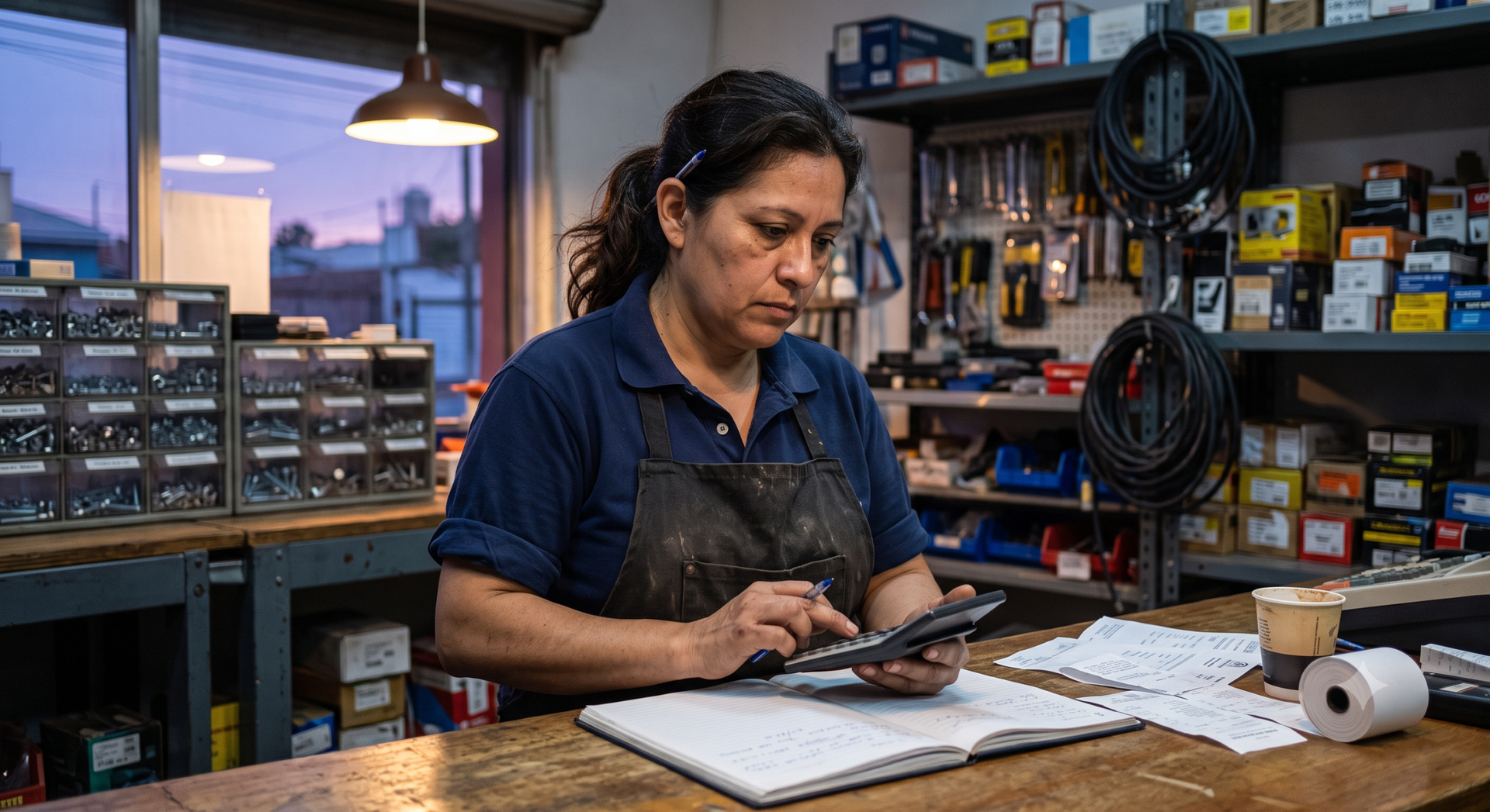Dueña de pyme revisando ventas de noche, reflejo de por qué necesita los 10 asistentes de IA en tu negocio