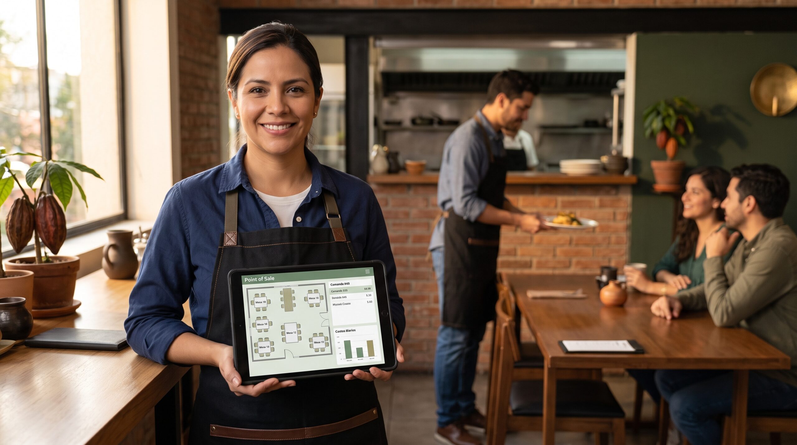 Carla, dueña de un restaurante, revisa en una tablet cuánto cuesta cada plato de su menú con Cacao POS.