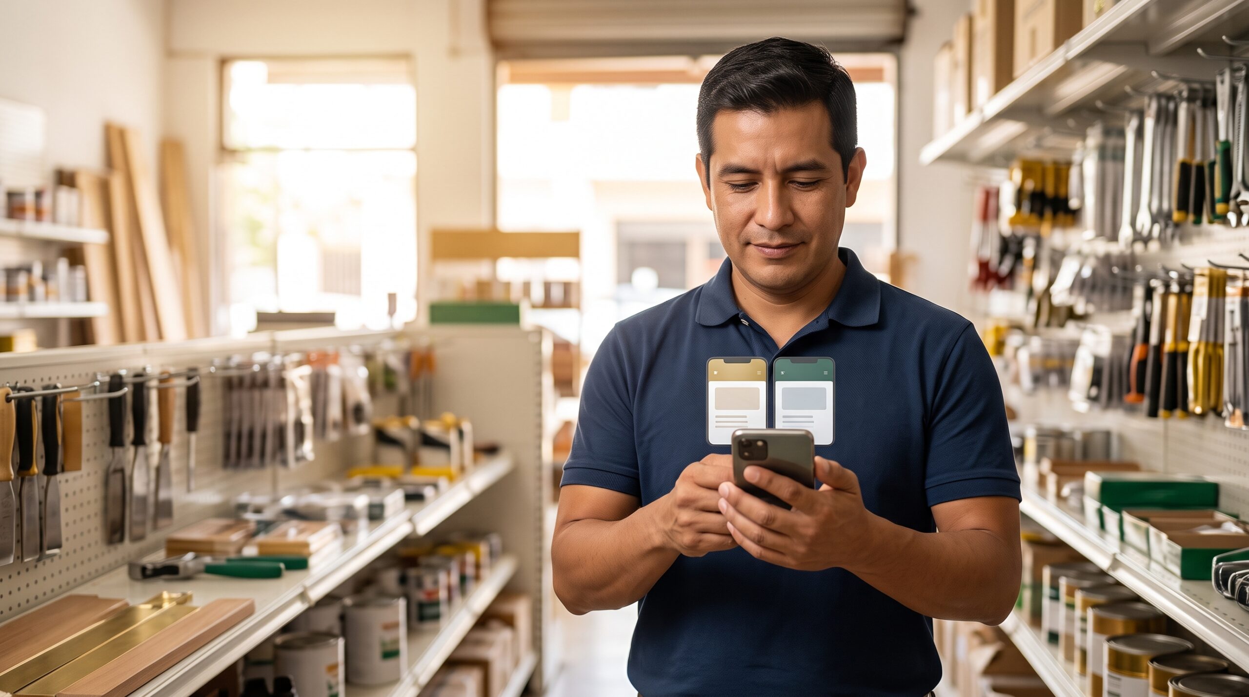 Dueño de ferretería administra negocio desde el celular usando Cacao POS para controlar múltiples sucursales.