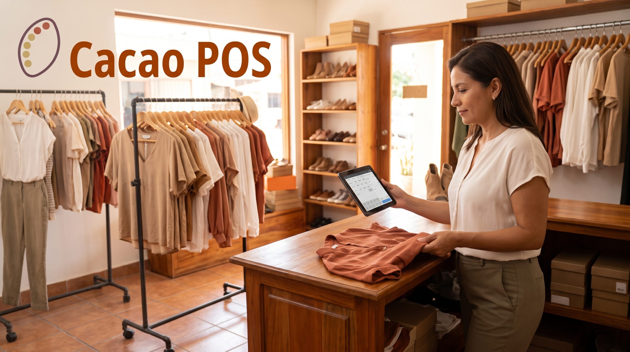 Dueña de boutique de ropa en Nicaragua utilizando una tablet para el control de productos con el sistema Cacao POS.