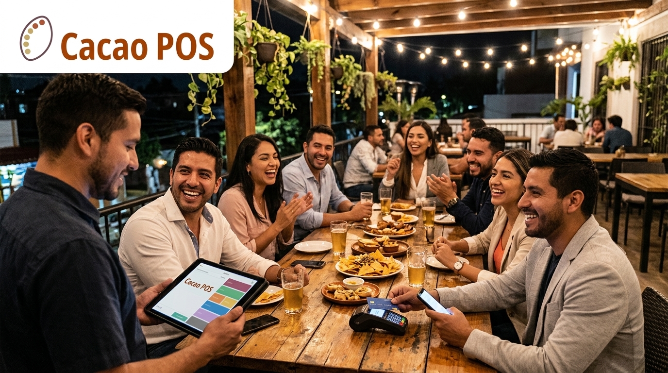 Grupo de amigos en la terraza de un restaurante de noche pagando la cuenta dividida con el sistema para bares y restaurantes Cacao POS mediante una tablet y terminal de tarjetas.